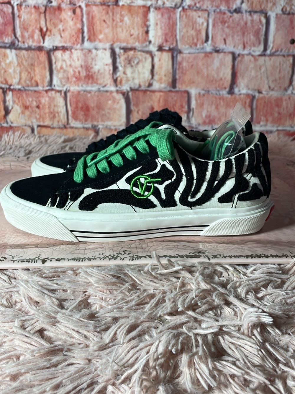 Vans Men's Black & White Zebra Print Skate Sneakers with Green Accents